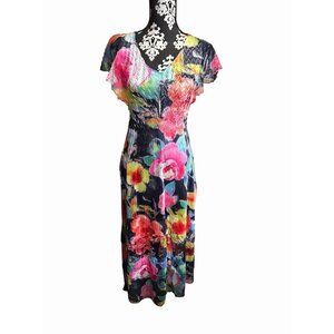 NWT Komarov Floral Pleated Midi Dress Size S Flutter Chiffon Crinkle Lace Fairy